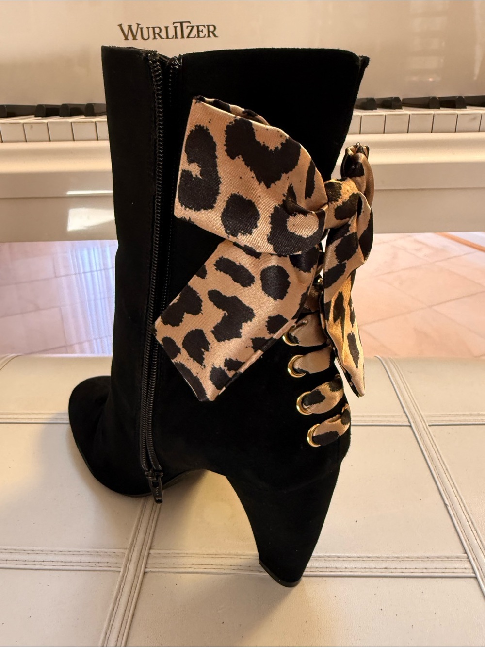 Beverly Feldman Black Suede Ankle Boot with Leopard Bow